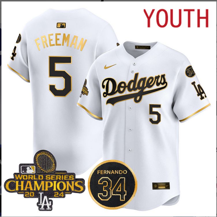 Youth MLB Los Angeles Dodgers 5 Freeman white 2024 World Series Champions Patch Limited Jersey style 4